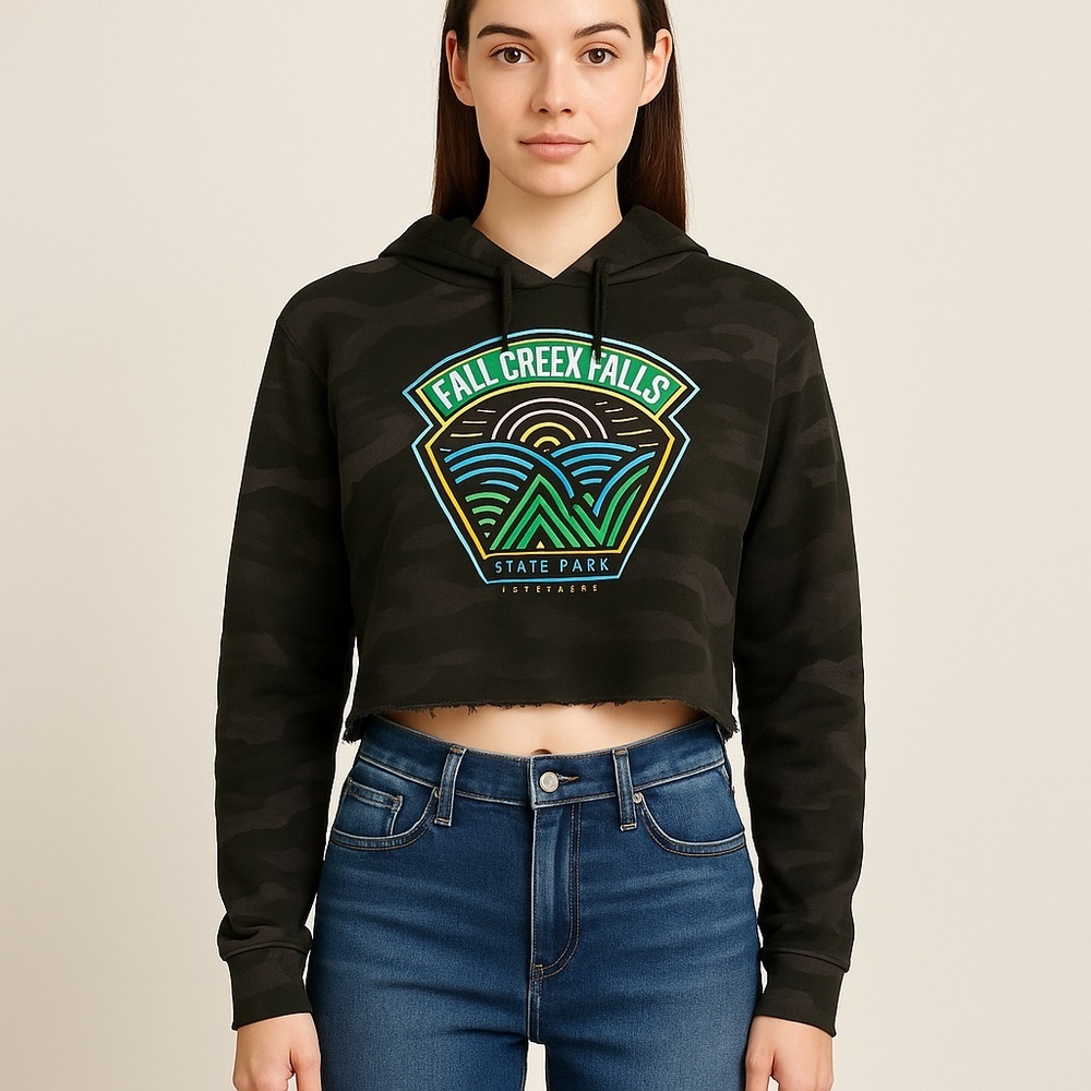 Fall Creek Falls State Park Tenesse Camo Cropped Hoodie Sweatshirt Black Large
